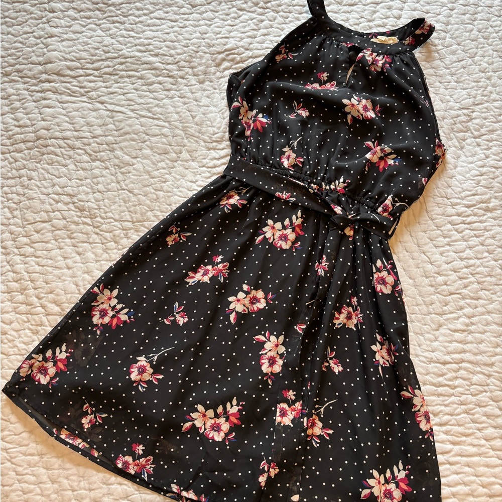 Crescent Black Dress with Pink Floral Accents